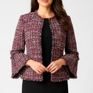 ANN TAYLOR Tweed Bell Sleeve Blazer Collarless Jacket Size 4 Pink Gray Workwear